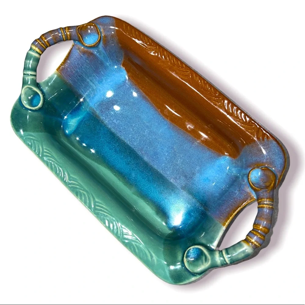 Hand thrown glazed Pottery Dish With Handles Tray Artist Signed blue green brown
